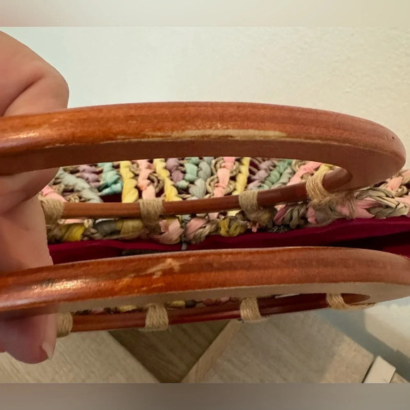 PATRICIA NASH Lesa Multicolor Pastel Straw Bag Wood Ring Handle Boho NO STRAP - Picture 3 of 11